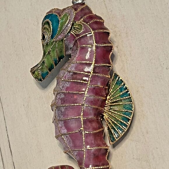 Vtg Cloisonne Enamel SEA HORSE Ornament Purple Green Gold Trim Decorative Art - Picture 4 of 7